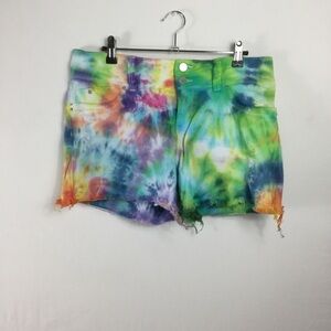 Tie dyed Distressed high-rise Raw hem denim shorts